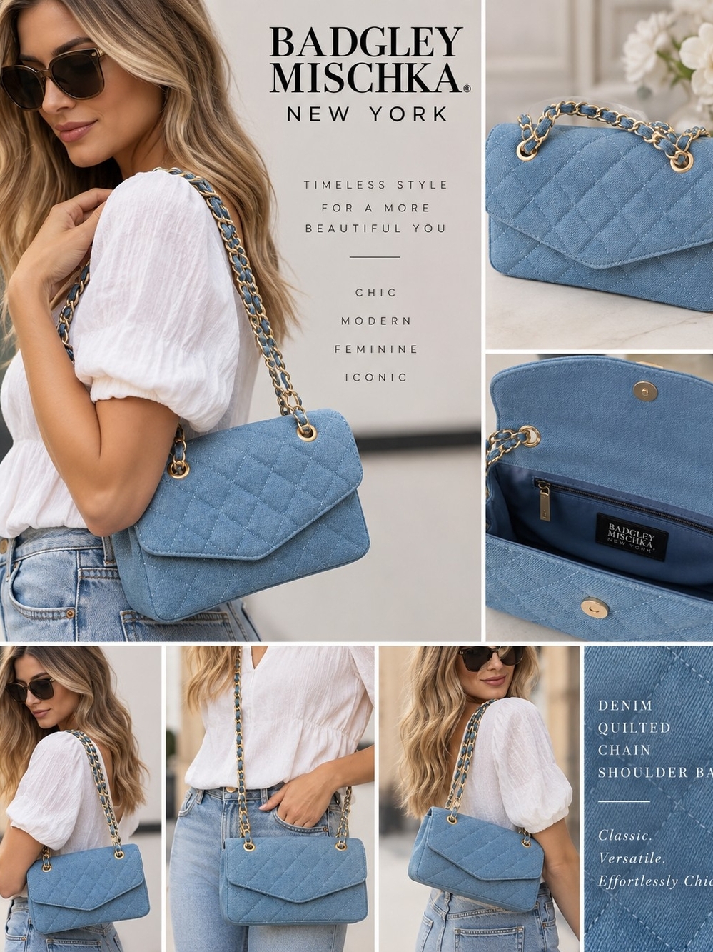 Badgley Mischka Light Blue Quilted Denim Chain Shoulder Bag